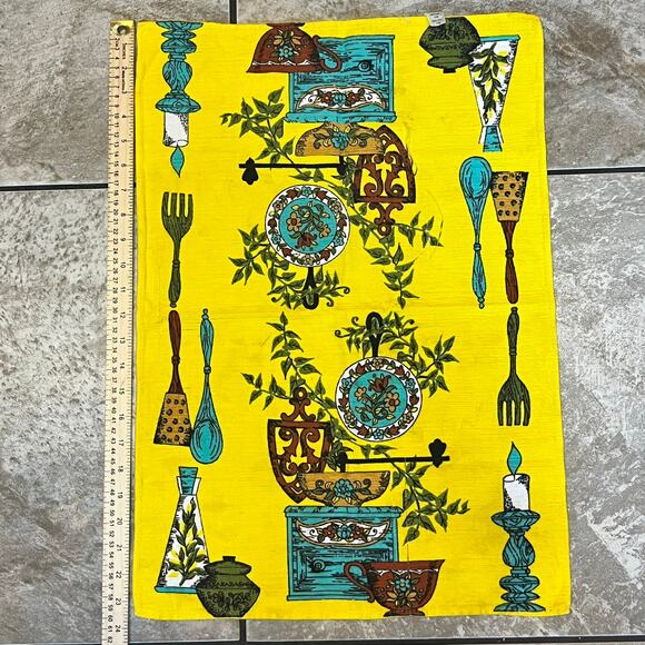 Vintage Parisian Prints Kitchen Tea Towel 1960s-70s Yellow Cotton Nylon Retro - Picture 2 of 12